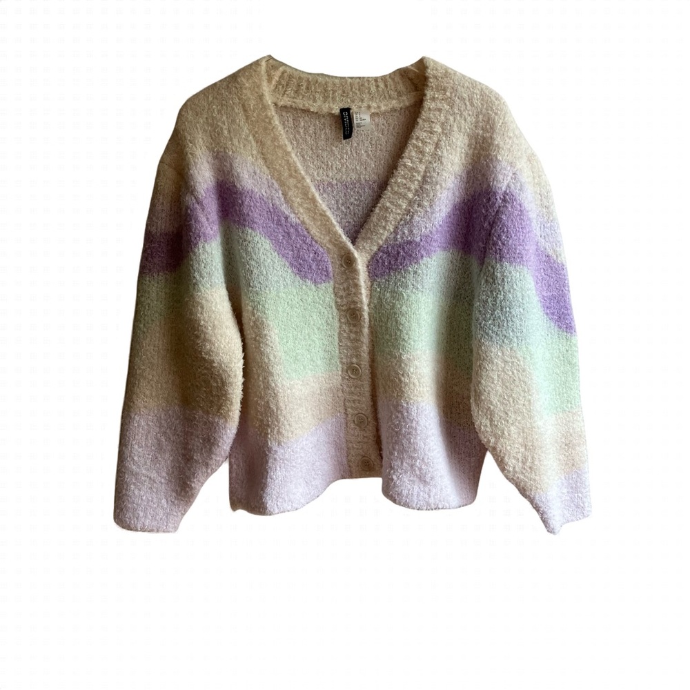 H&M Pastel Button Front Cardigan Sweater Size S Mod Swirled Fuzzy Fluffy Spring